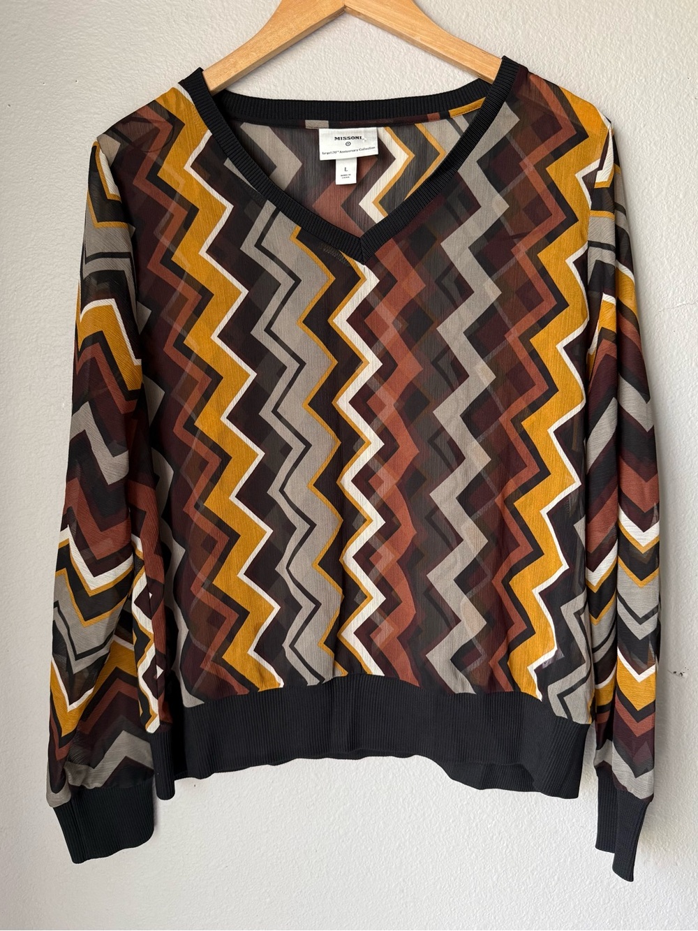 MISSONI for Target XXO 2019 Zig Zag Long Sleeve V-Neck Sheer Blouse Women’s Sz L